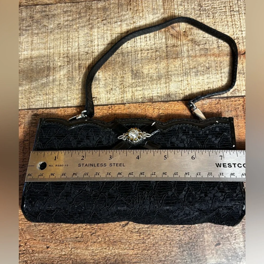 Brighton Lace & Patent Leather Mini Handbag Clutch Purse Kiss Lock Rhinestones